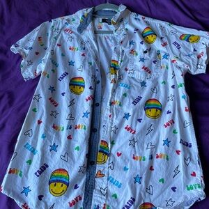 Kids Rainbow Smiley Short-Sleeve Button-Up Shirt - White